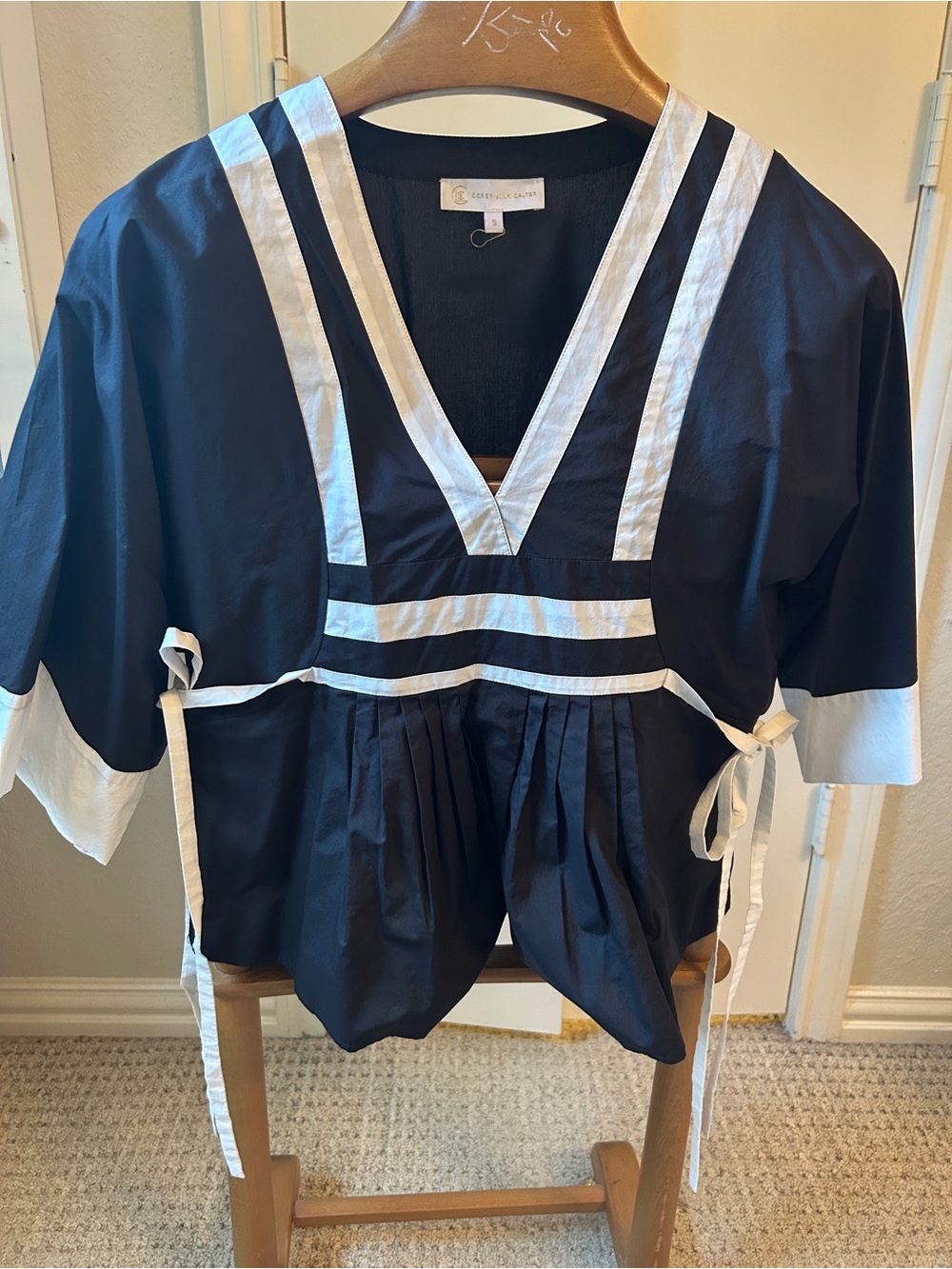 Corey Lynn Calter Black and White V-Neck Tie-Detail Tunic